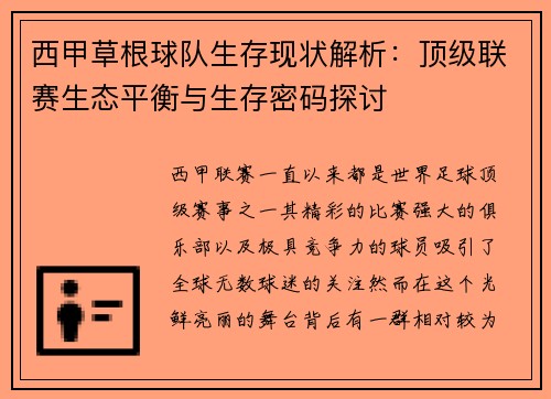 西甲草根球队生存现状解析：顶级联赛生态平衡与生存密码探讨