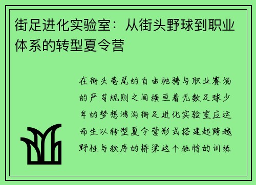 街足进化实验室：从街头野球到职业体系的转型夏令营