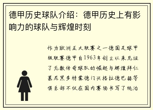 德甲历史球队介绍：德甲历史上有影响力的球队与辉煌时刻
